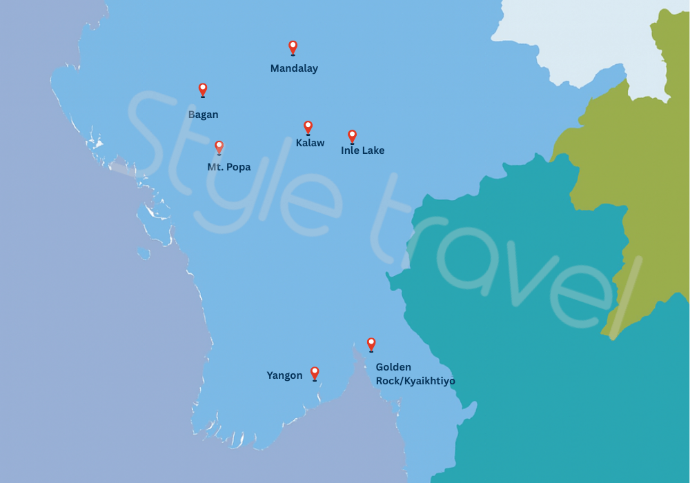Ubicación de los destinos en Myanmar